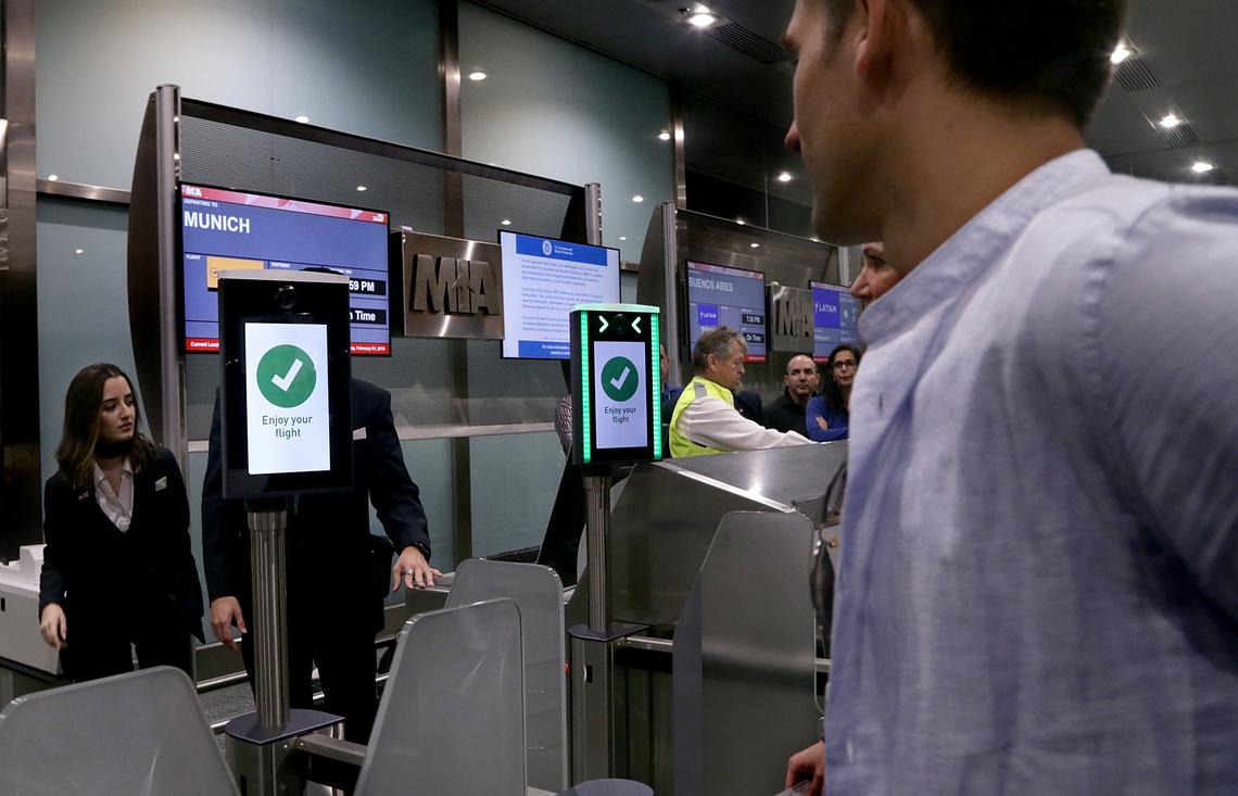 Passengers on Lufthansa’s flight from Miami to Munich have their photos taken as part of a test of a biometric identification system.