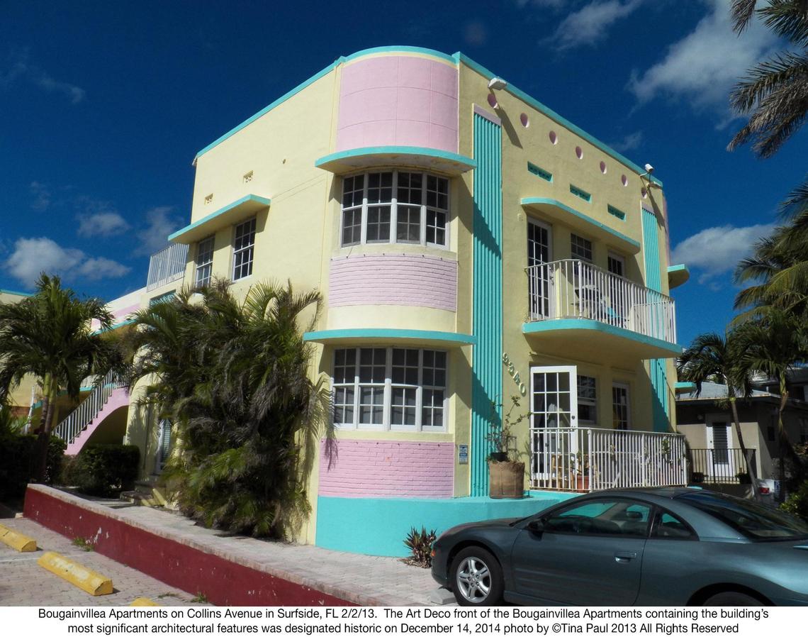 Bougainvillea Apartments on Collins Avenue in Surfside, FL 2/2/13. The Art Deco front of the Bougainvillea Apartments containing the building’s most significant architectural features was designated historic on December 14, 2014 photo by ©Tina Paul 2013 All Rights Reserved