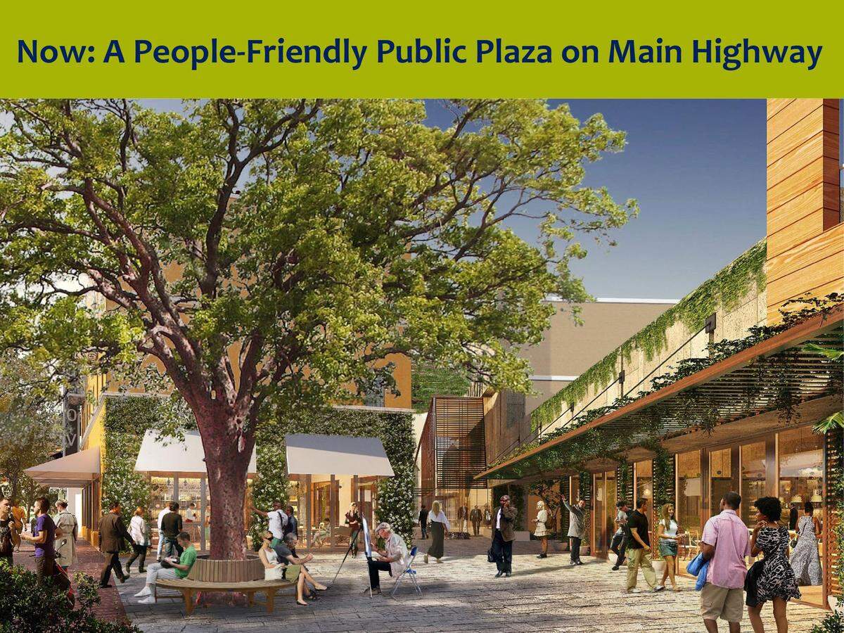 An architectural rendering from a modified plan prepared under the guidance of Miami-Dade Commissioner Raquel Regalado shows the restored front building of the Coconut Grove Playhouse at left with a new, woodsier, greener and shadier plaza and exterior for the freestanding modern theater at right.