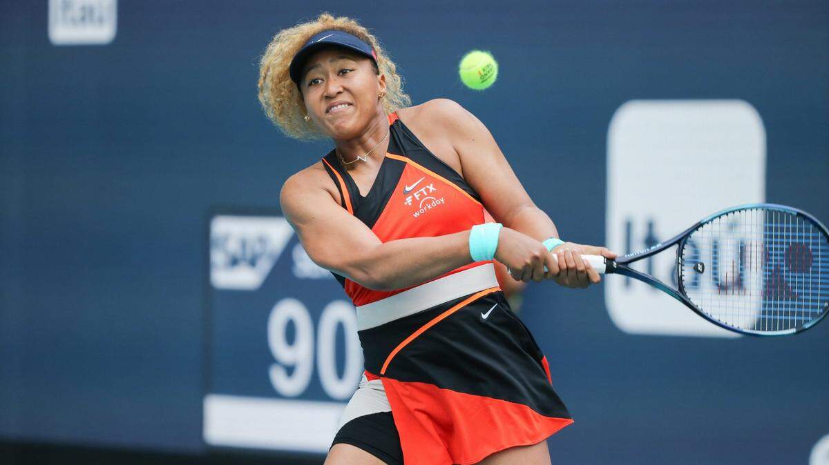 Naomi Osaka in action against Belinda Bencic during the Miami Open tennis tournament at Hard Rock Stadium in Miami Gardens, Florida on Thursday, March 31, 2022.