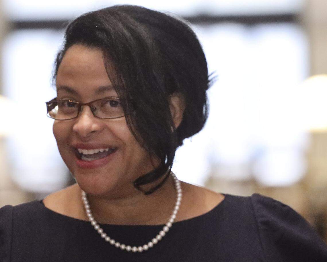 Renatha Francis gives her remarks after being appointed by Gov. Ron DeSantis to the Florida Supreme Court. The announcement came at a press conference on Tuesday, May 26, 2020, at the Miami-Dade Public Library main branch in downtown Miami.