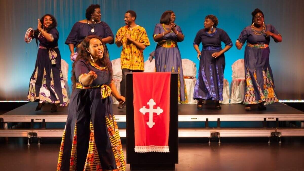 Carbonell Award winner Sarah Gracel leads the choir in singing “Come and Go With Me to My Father’s House” in M Ensemble’s “God’s Trombones.”