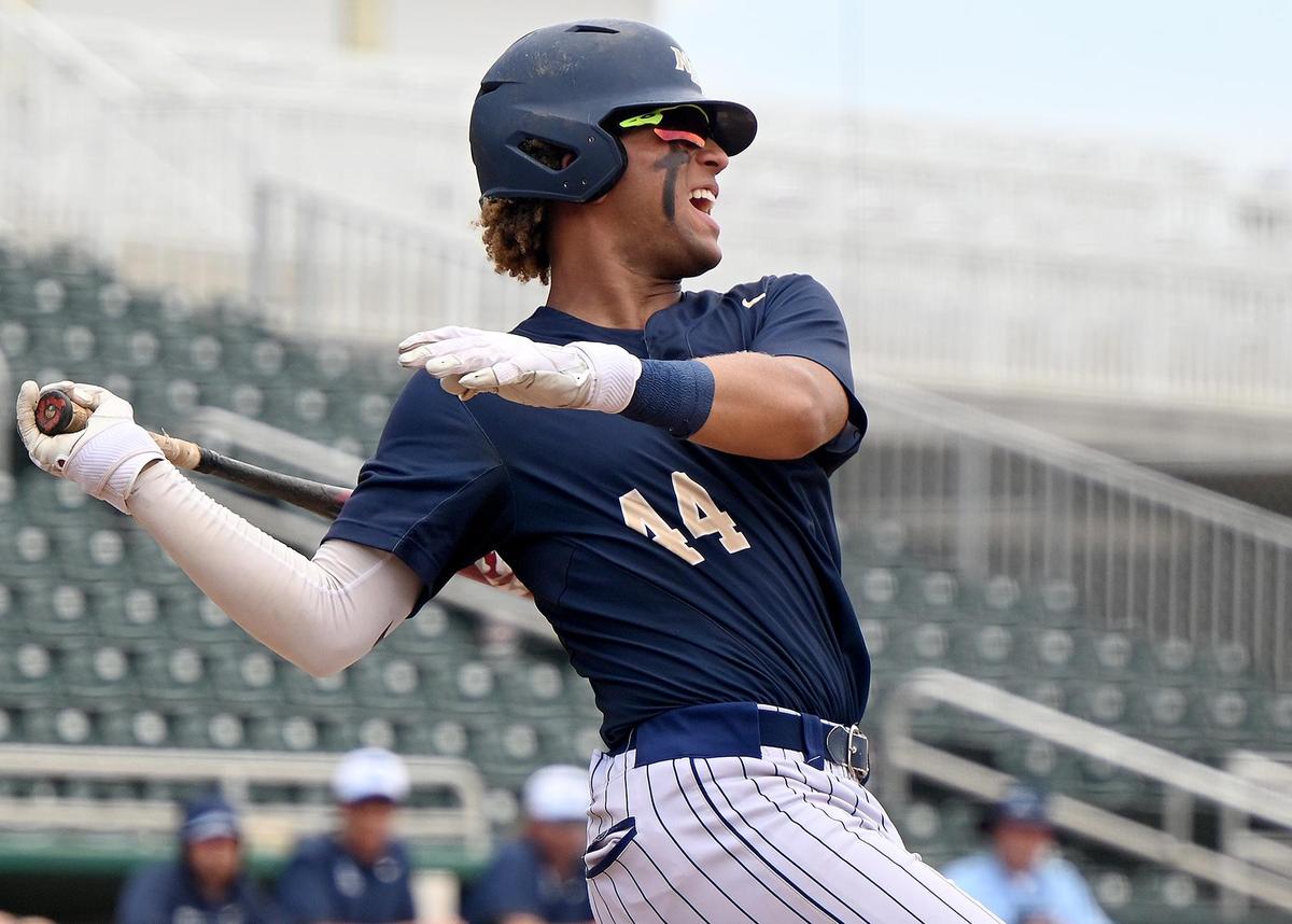 North Broward Prep third baseman Gian DeCastro rips a hit during the Eagles’ 5-3 win over Tampa Berkeley Prep in the Class 3A state championship game on Wednesday in Fort Myers. (Chris Tilley Photo/Chris Tilley)