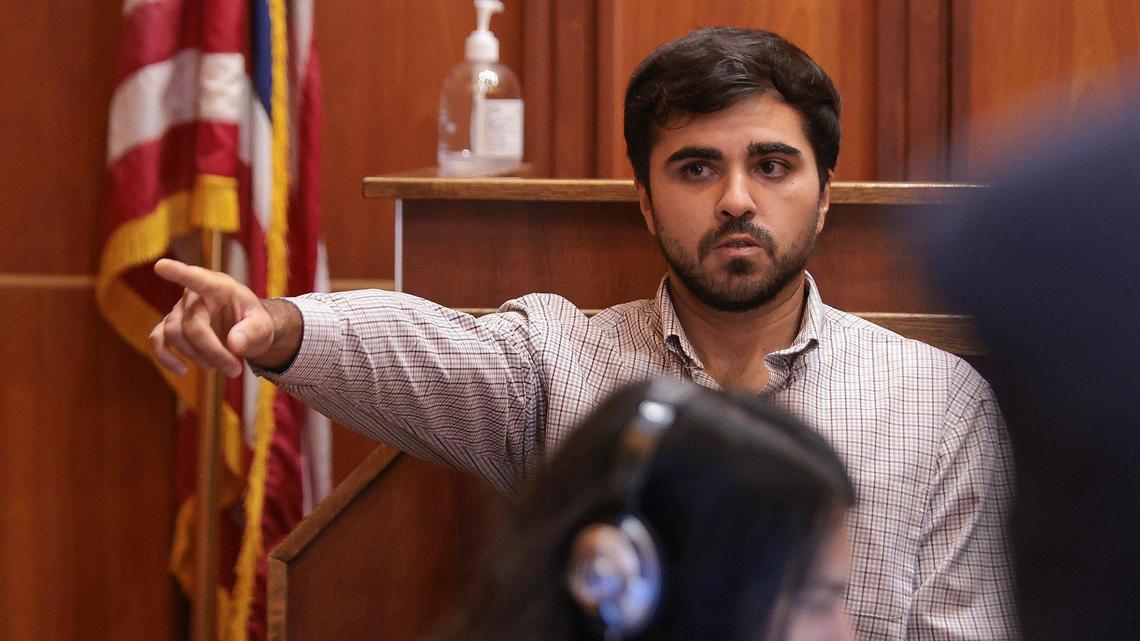 On Monday. November 7, 2022 Christopher Monzon, the Republican canvasser beaten in Hialeah, identifies Javier Lopez during Lopez’s hearing as he testifies in Courtroom 4-5 in front of Judge Zachary N. James at the Richard E. Gerstein Justice Building in Miami, Florida.