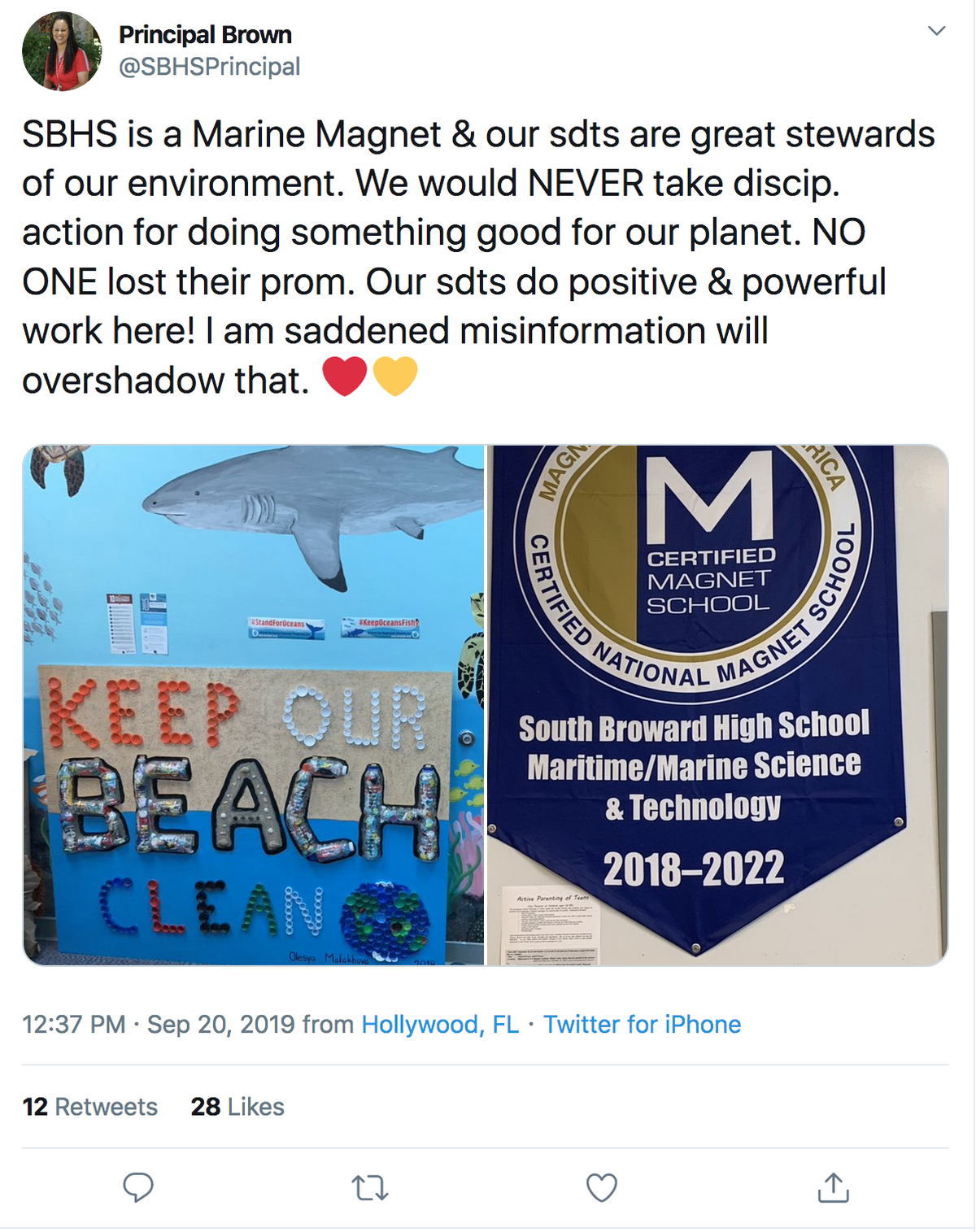 A Twitter statement by South Broward High School principal Patricia Brown on Friday appeared to deny that the day before administrators had barred senior Elijah Ruby from prom and other senior events. The next day they called Ruby’s family and said the senior privileges had been reinstated, the family said. Brown declined to comment.