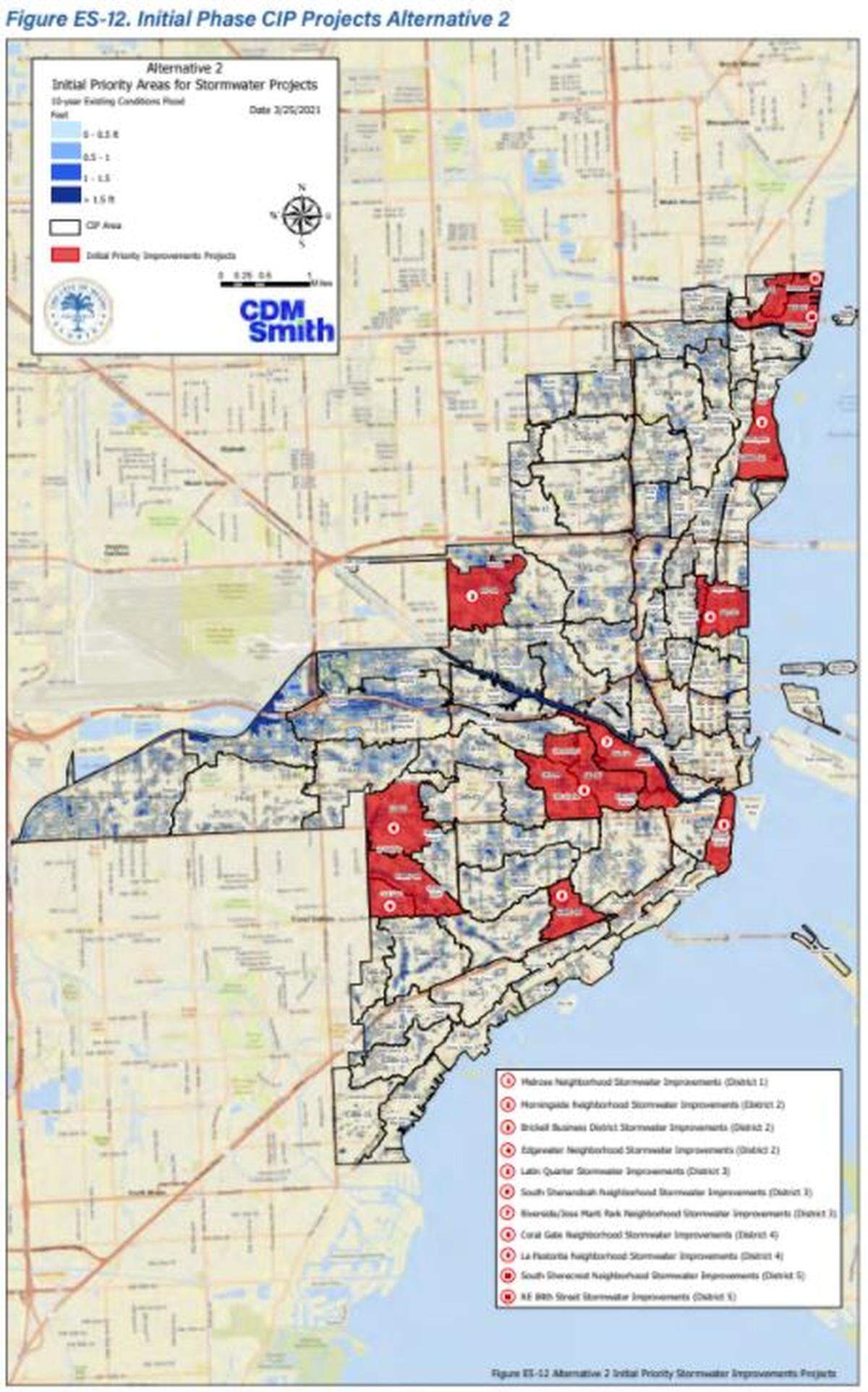 A graphic from Miami’s stormwater master plan shows the 11 initial projects that need to be completed in 3 to 5 years. The report estimates they will cost $545 million.