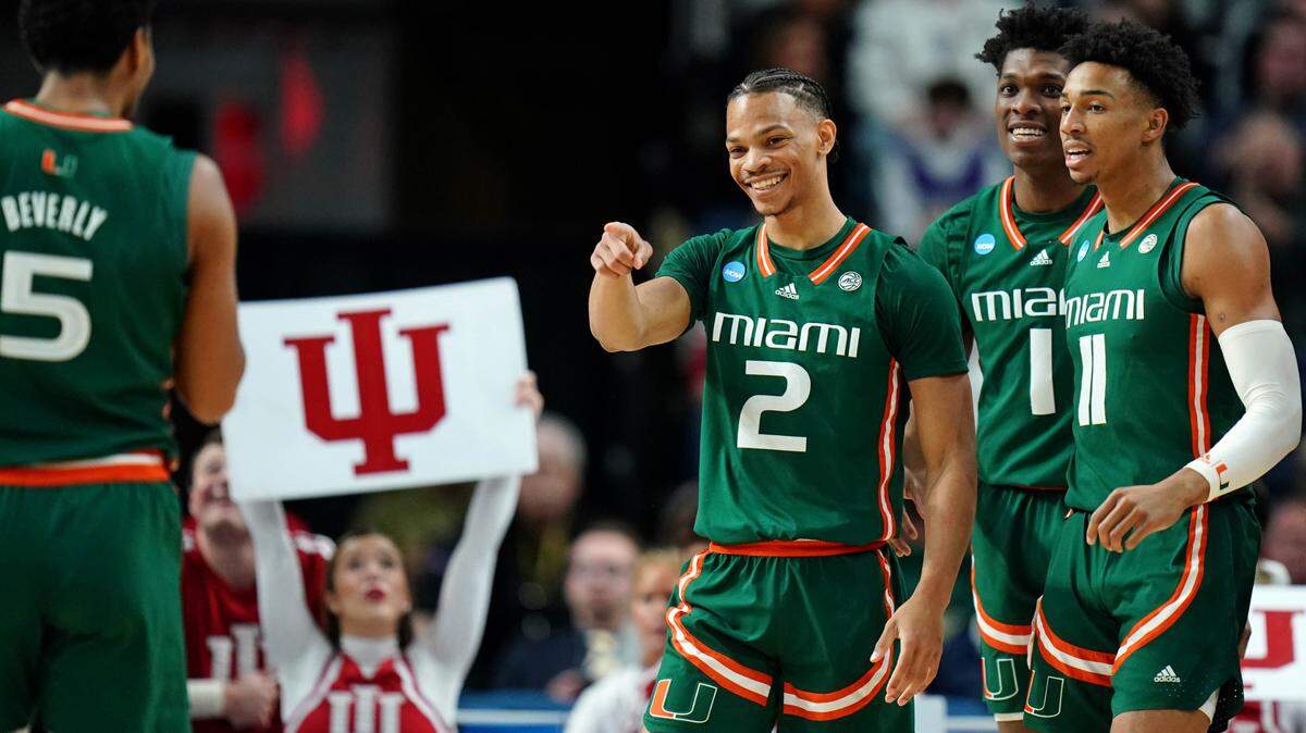 Mar 19, 2023; Albany, NY, USA; Miami (Fl) Hurricanes guard Isaiah Wong (2) reacts after a play against the Indiana Hoosiers during the first half at MVP Arena. He is entering the NBA Draft and forgoing his final year of collegiate eligibility.