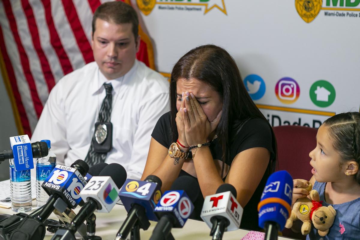 Nidia Vega cries during a press conference on Thursday, September 12, 2019 while pleading for information on a hit and run case where her 35-year-old husband, Carlos Gilberto Garcia Chacon was killed. Police say Chacon was walking on the 300 block of NW 109 Avenue on September 30, 2018 when a driver fatally struck him and fled the scene.