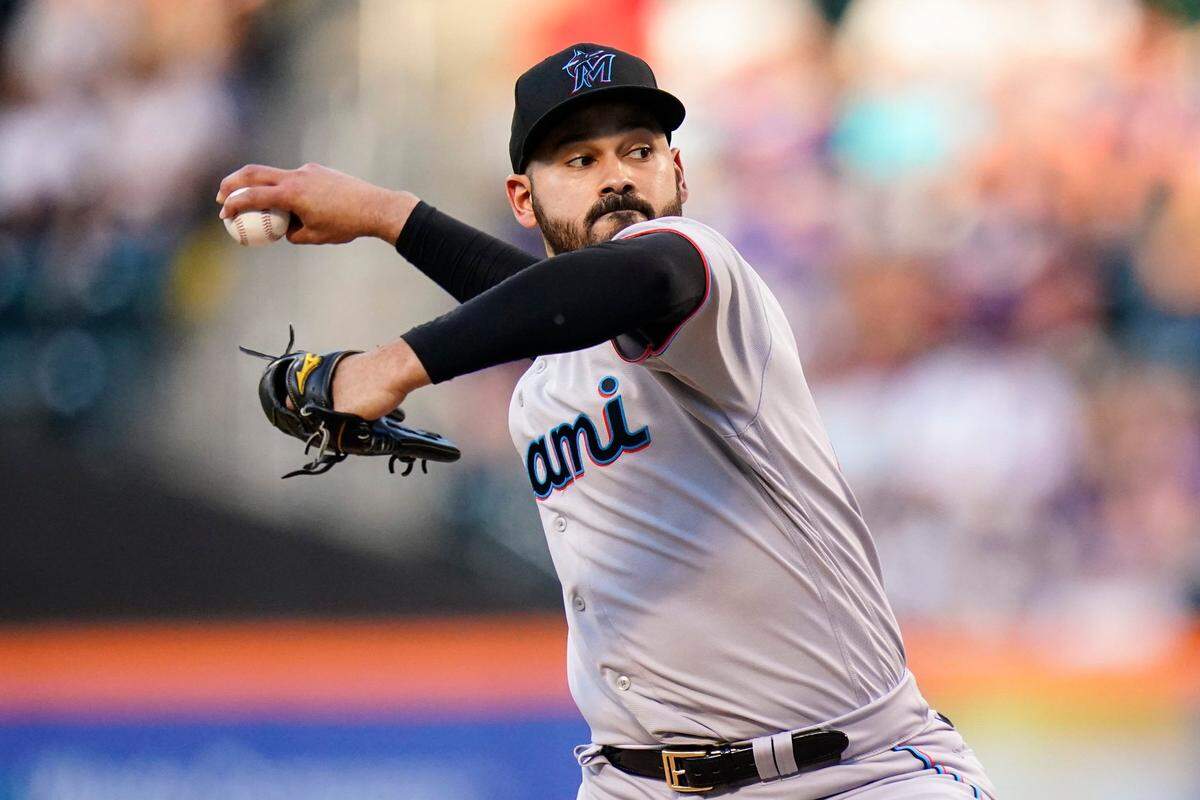 Miami Marlins’ Pablo Lopez pitches during the first inning of a baseball game against the New York Mets, Friday, June 17, 2022, in New York.