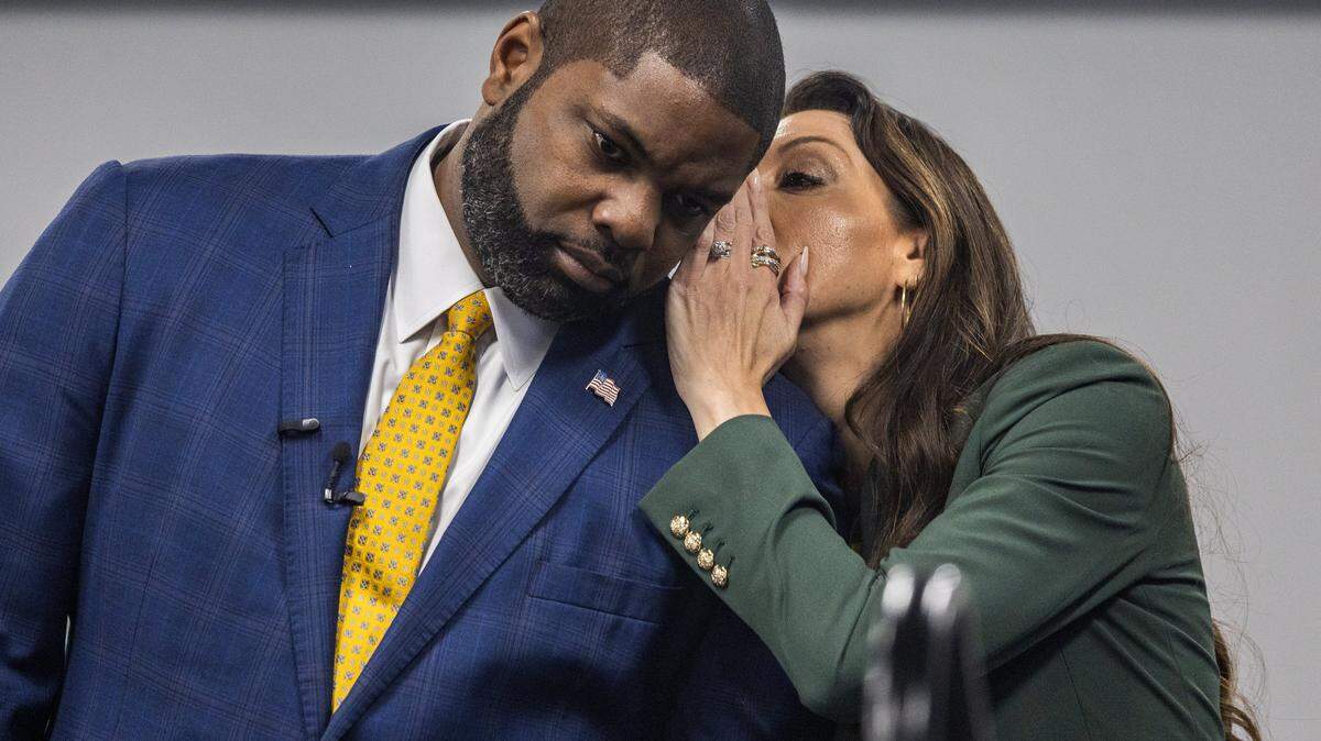 U.S. Congressman Byron Donalds and his wife Erika Donalds exchanged before speaking during a roundtable to discuss the future of education in Florida, held by the Congressman at Miami Dade College West Campus, as part of his campaign to run in the 2026 Republican primary for Florida Governor, in Doral on Tuesday, March 24, 2026.