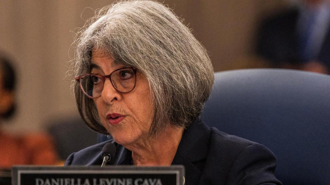 Miami-Dade County Mayor Daniella Levine Cava reacts during a meeting where county commissioners voted to override her veto of legislation ending the addition of fluoride in county drinking water. Photo taken at the County Commission chambers on Tuesday, May 6, 2025.