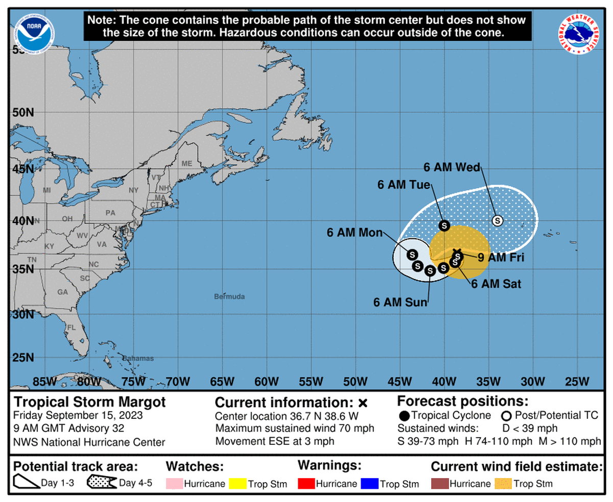 National Hurricane Center map for Tropical Storm Margot on Friday, Sept. 15, 2023.