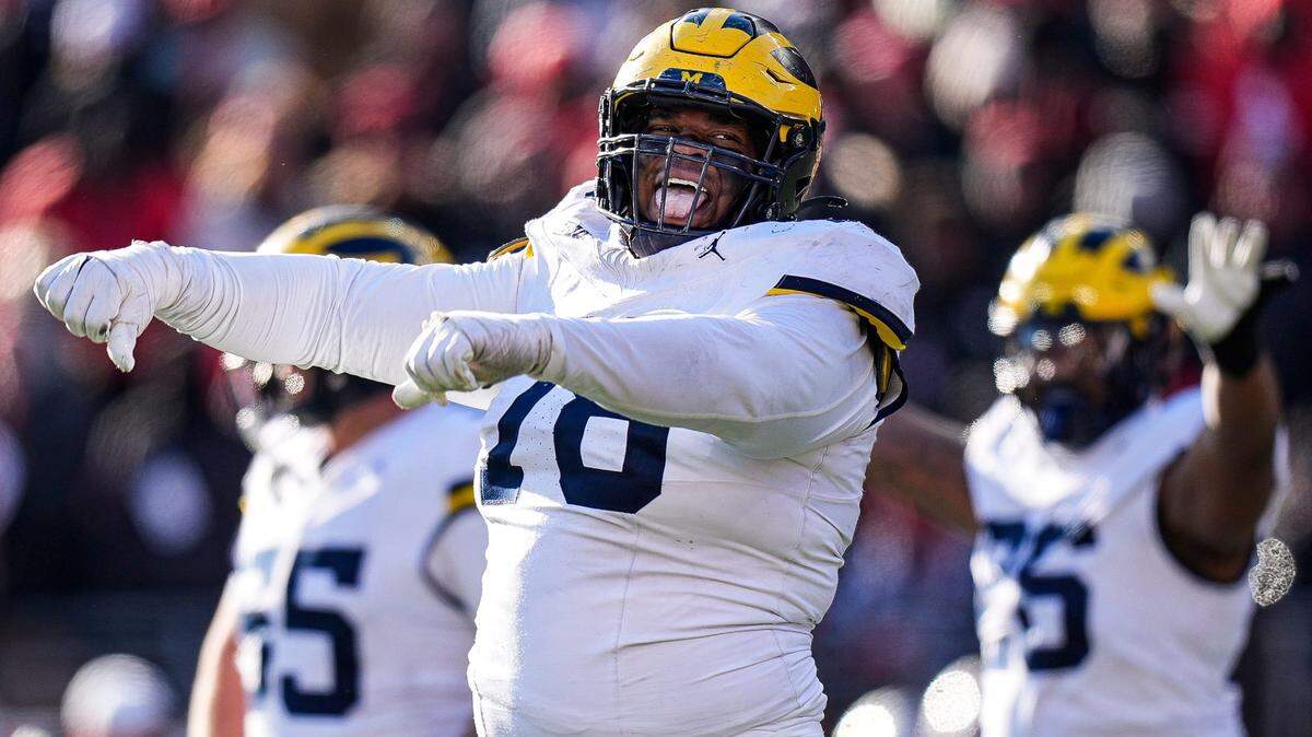 Michigan defensive lineman Kenneth Grant (78) celebrates after Ohio State misses a field goal during the second half at Ohio Stadium in Columbus, Ohio on Saturday, Nov. 30, 2024.