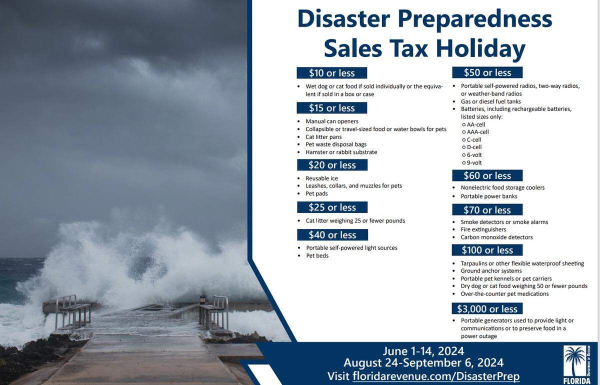 Florida’s first disaster preparedness tax holiday of the 2024 hurricane season begins June 1 and runs through June 14.
