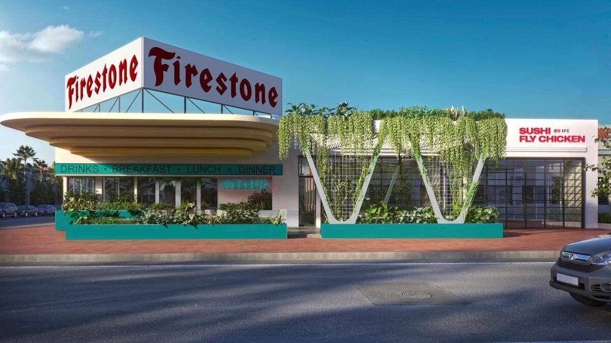 A rendering of the renovated South Beach Firestone service station that will house three new concepts by restaurateur David Grutman: Winker’s Diner, Sushi Fly Kitchen and Toothfairy.
