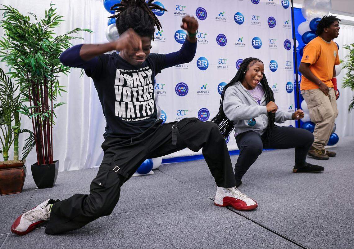 James King, 19, left, and Sariya Saint Preux,16, center, compete in a dance contest during the Amplify Community Resources’ 4th Annual Back-to-School Youth Readiness Summit on Thursday, July 31, 2025, in Miami, Florida. Amplify Community Resources’ 4th Annual Back-to-School Youth Readiness Summit was held at Miami Dade College Medical Campus bringing together students from across Miami-Dade County, many of whom have participated in Teen Talk Dialogue Sessions over the past year, for a day focused on goal setting, leadership development, and mental wellness. This year theme was “Get Set for What’s Next.”