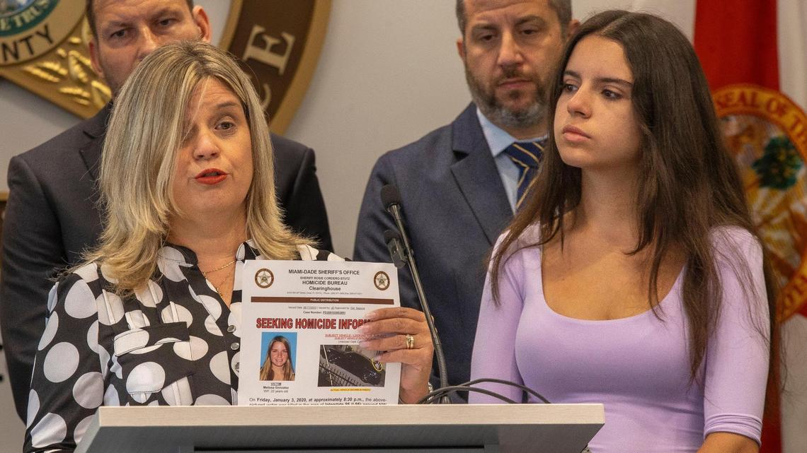 Sheila Nuñez, left, mother of Melissa Gonzalez, the 22-year-old woman who was shot to death on Jan. 3, 2020, when a bullet struck her as she was driving on I-95, near Northwest 79th Street in Miami-Dade County. Melanie Machado, right, is her sister.