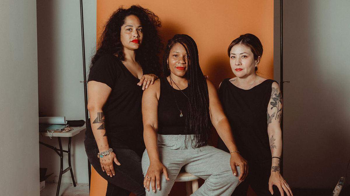 (l to r) Artists Natalie Ball, Angela Davis Johnson and Shizu Saldamando were part of Fountainhead Arts’ monthlong residency for mothers of color.