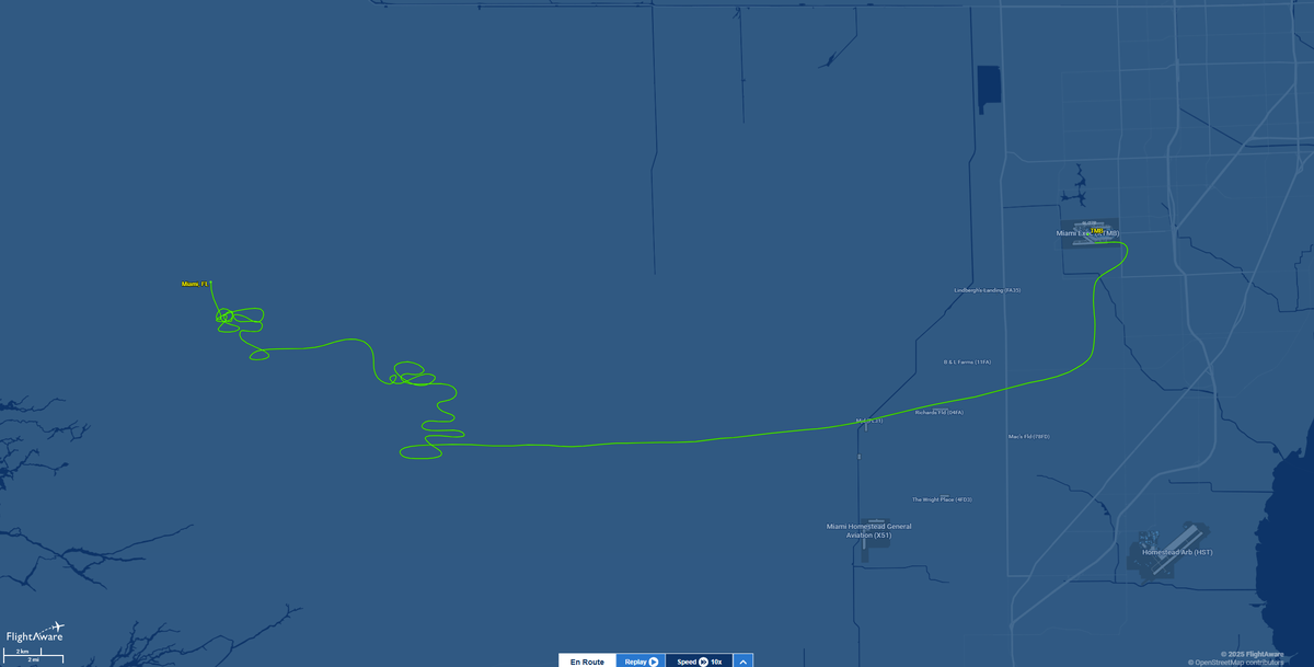 A small plane with two people went down in western Miami-Dade County, according to Fire Rescue officials. The pair were rescued by helicopter. The green line is the plane's flight path from takeoff at Miami Executive Airport to its crash landing in the Everglades.