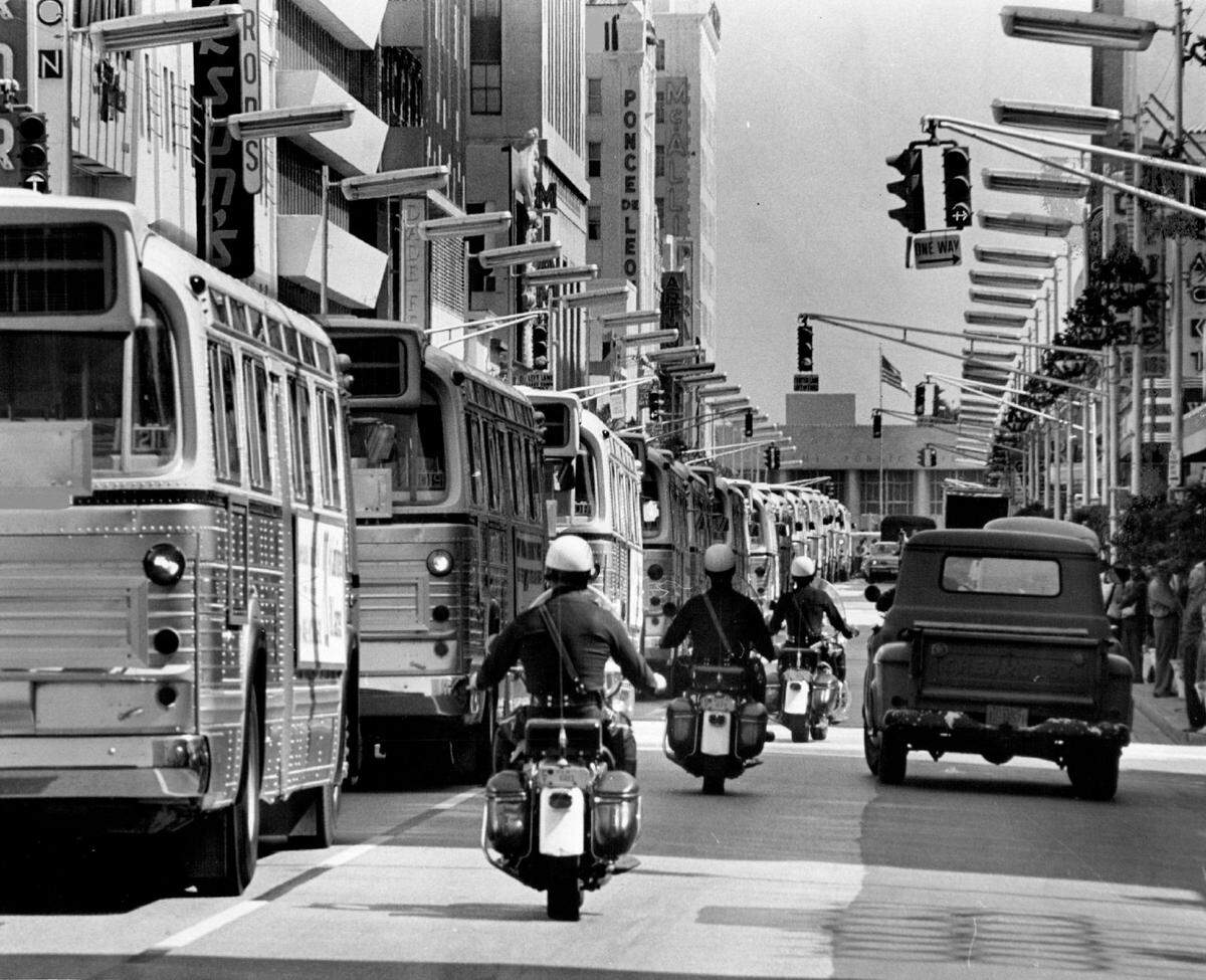 In 1964, a line of 20 new buses parading in downtown Miami.