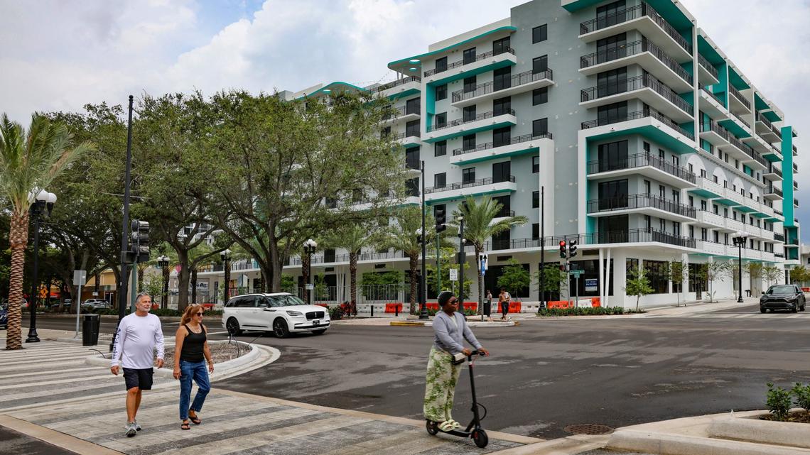 Soleste Hollywood Blvd, at 2001 Hollywood Blvd., is pictured hovering among existing buildings on Sunday, Sept. 15, 2024, in Hollywood, Florida.