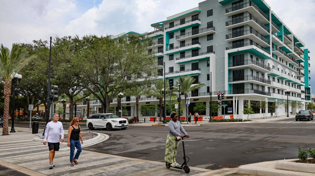 Soleste Hollywood Blvd, at 2001 Hollywood Blvd., is pictured hovering among existing buildings on Sunday, Sept. 15, 2024, in Hollywood, Florida.