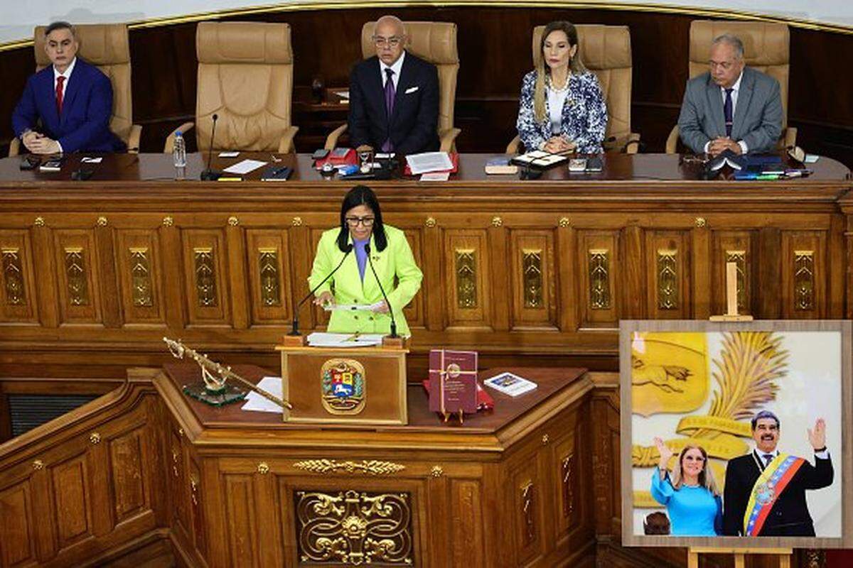 CARACAS, VENEZUELA - JANUARY 15: Venezuela's interim president Delcy RodrÃguez speaks during the delivery of the first year's government report at Palacio Federal Legislativo on January 15, 2026 in Caracas, Venezuela. Delcy Rodriguez delivers a report of the economic, social, and political aspects and situation in Venezuela during 2025. Nicolas Maduro was sworn in as President of Venezuela for a third consecutive term in January 2025. US forces captured Maduro and his wife, Ciliia Flores, on January 3, 2026. (Photo by Jesus Vargas/Getty Images)