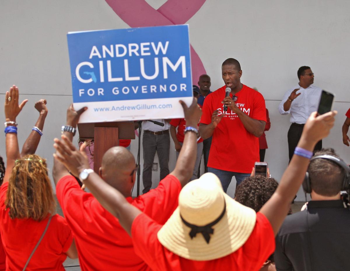 Gubernatorial candidate Andrew Gillum addresses the crowd of educators as Democrats who are running for the U.S. Senate, Florida governor, and attorney general for the state of Florida attended an educational rally at the Betty Anderson Rec Center in Miami Gardens, Florida on Sunday, Aug. 19, 2018.