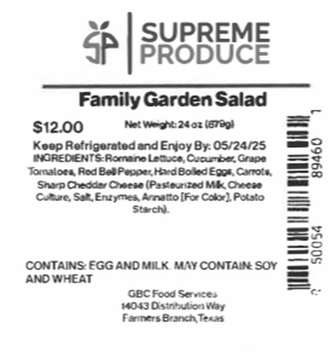 The label for Supreme Produce Family Garden Salad