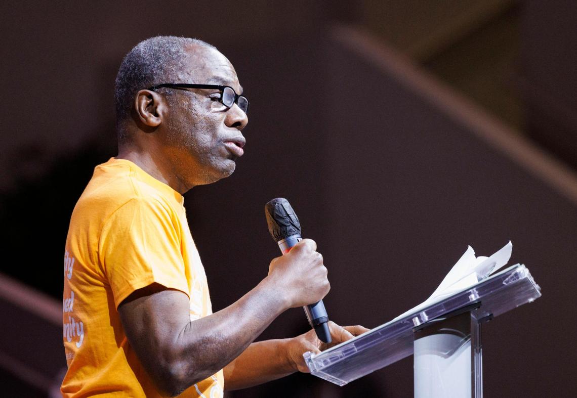 Brian Douglas, of Miami Workers Center, gives his personal testimony of housing troubles during the PACT Nehemiah Action Assembly on Monday, April 7, 2025, at Sweet Home Missionary Baptist Church in Cutler Bay, Fla.