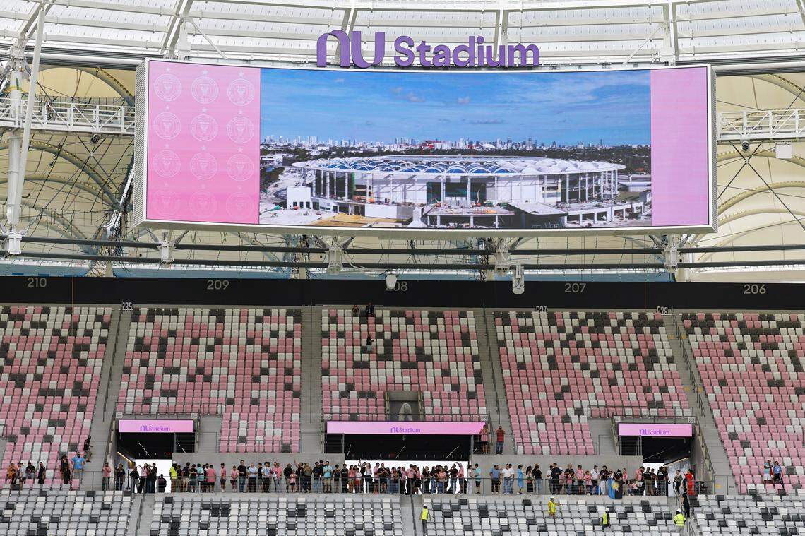 A jumbotron is seen as Inter Miami CF fans arrive at Nu Stadium at Miami Freedom Park to watch the team practice Thursday, April 2, 2026, in Miami.