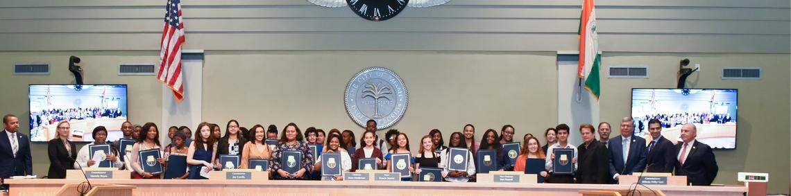 The Miami Bayside Foundation recently awarded 42 city of Miami students with $1,000 scholarships for their academic achievements and community service. The scholarship winners, pictured, include Flor Santana, Gina Martinez, Heidi Perez-Moreno, Jasmine Zayas, Kayla Vidal, Lisandro Roche-Montero, Abdallah Joudeh, Jacob Garcia, John Clement, Juliana Lievano, Margaret Farrell, Taneacha Brown, Laura Mejia, Mayuris Palacios, Claudia Teran, Elba Garcia, Rachel Salmeron, Anquivian Jones, Dakayla Hester, Geisel Dieguez, Irenna Hines, Kateria Davis, Kiona Collins, Lamyra Thompson, Mellia Mckenzie, Nekesha Obas, Quentyn Harvey, Regine Hamilton, Sergine Jean Baptiste, Tatyana Fremont, Tauheeda Huggins, Tayloria Napier, Vicky Santiesteban, Wilnie Delone, Winy Victor, Yeilin Montes, Telkevia Mackey, Eveul Exil Jr., Deborah Cyrille, Tanahiry Machuca-Torres, Destiny Dought and Chimene Jean Jacques.
