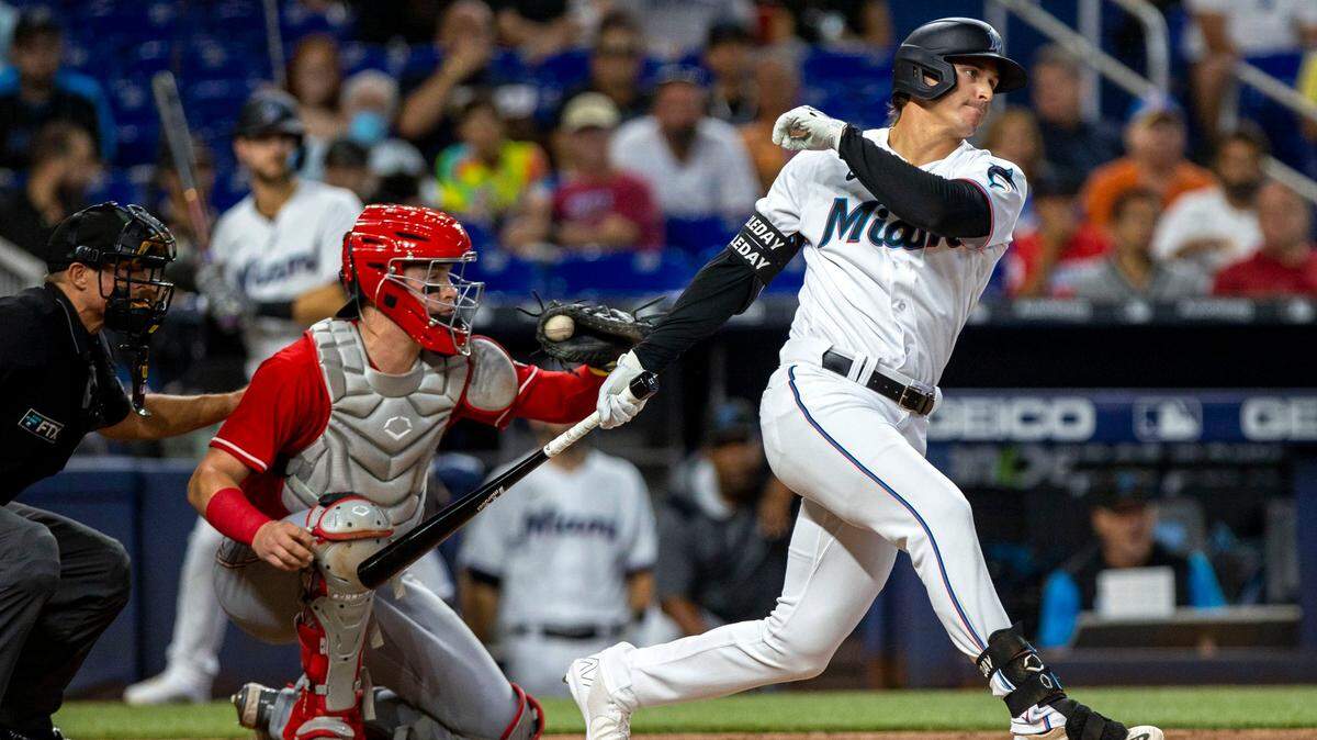 Miami Marlins batter JJ Bleday (67) strikes out swinging during the second inning of an MLB game against the Cincinnati Reds at loanDepot park in the Little Havana neighborhood of Miami, Florida, on Wednesday, August 3, 2022.