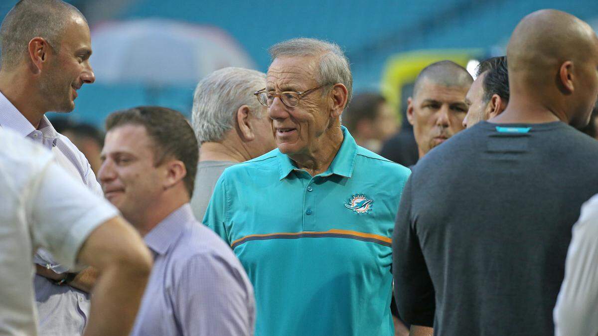 Miami Dolphins owner Stephen Ross looks on before the start of an NFL football game  against the Tampa Bay Buccaneers at Hard Rock Stadium on Thursday, August. 9, 2018, in Miami Gardens.