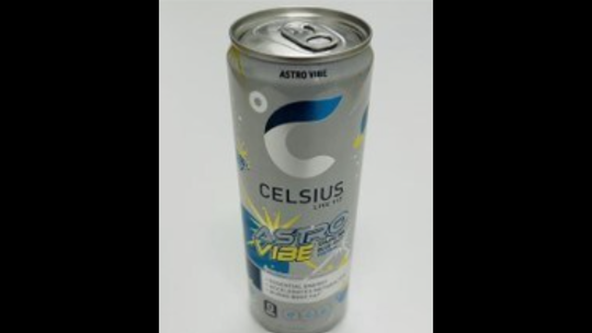 A 12-ounce can of Celsius Astro Vibe Energy Drink Sparking Blue Razz