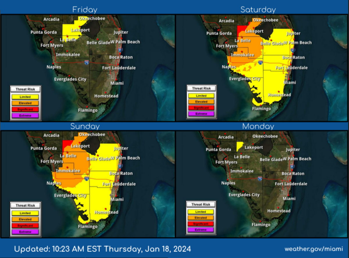 This map shows areas that have an excessive cold risk. Inland portions of South Florida have a limited risk of excessive cold, according to the National Weather Service in Miami.