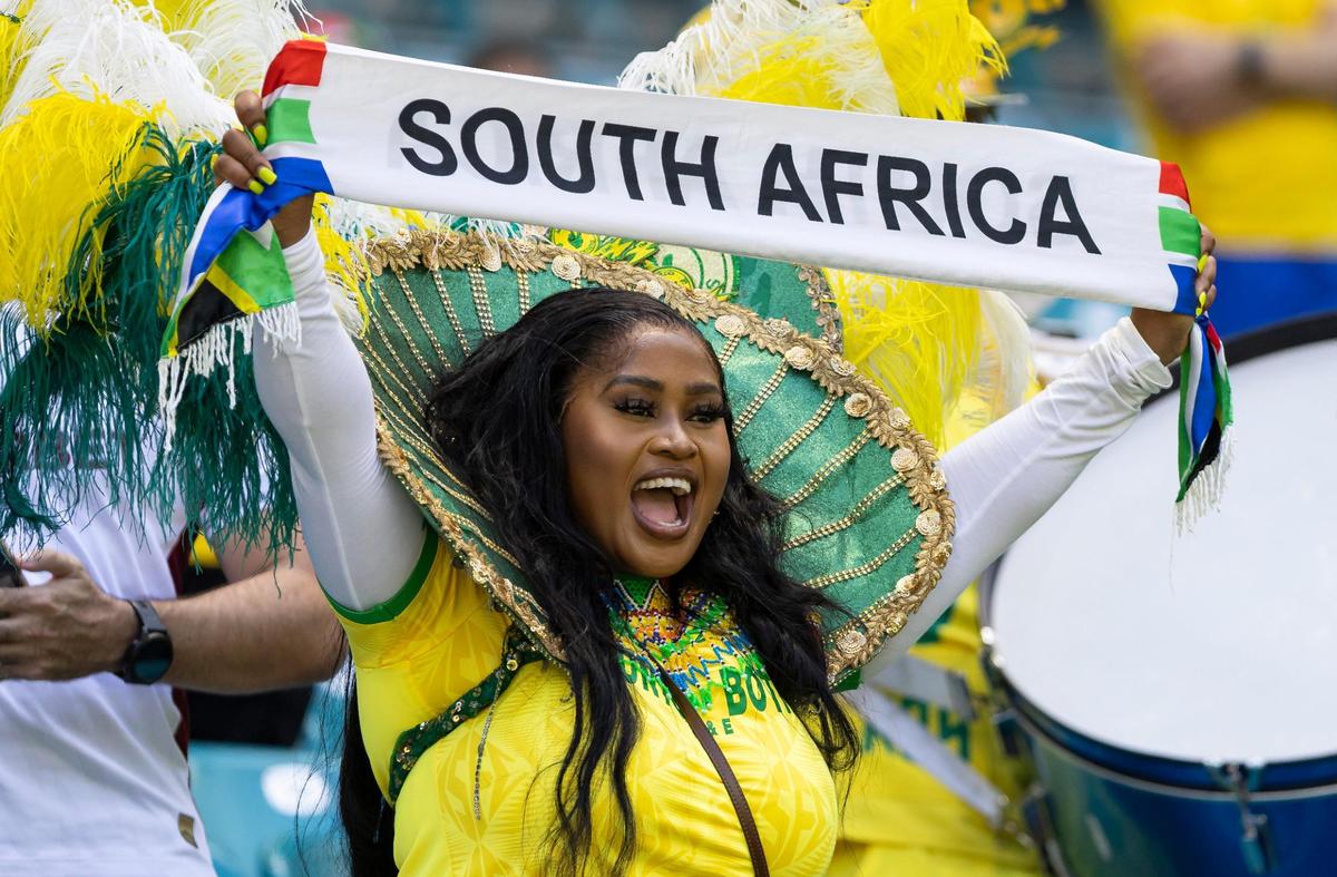A Mamelodi Sundowns fan cheers for her team before they play against Fluminense FC in their FIFA Club World Cup Group F third-round match at Hard Rock Stadium on Wednesday, June 25, 2025, in Miami Gardens, Fla.
