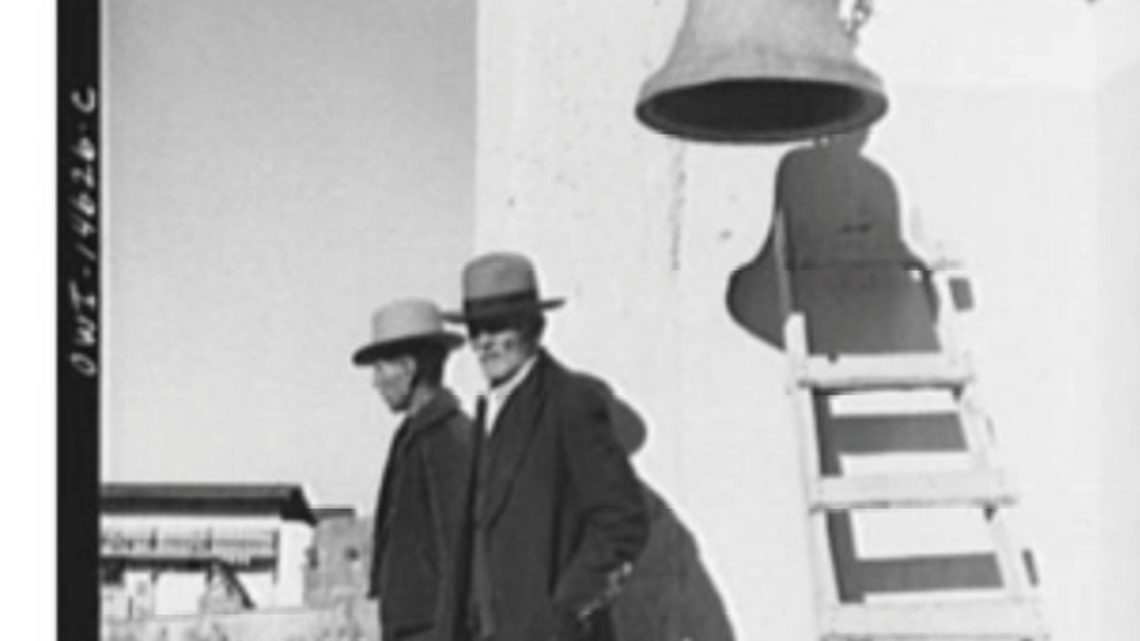 A historic picture of the the Happy Bell at the San Jose de Gracia Mission Church in Las Trampas, a village in Northern New Mexico between Santa Fe and Taos. A second bell known as the Death Bell was stolen.