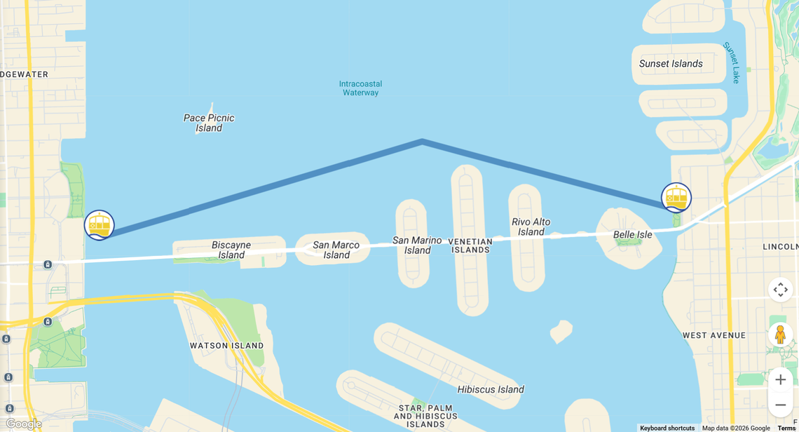 A map shows the route of a new free water taxi between South Beach and downtown Miami.