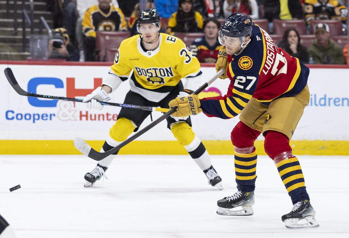 Florida Panthers center Eetu Luostarinen (27) scores a goal against the Boston Bruins in the first period of their NHL game at the Amerant Bank Arena on Wednesday, Feb. 4, 2026, in Sunrise, Fla.