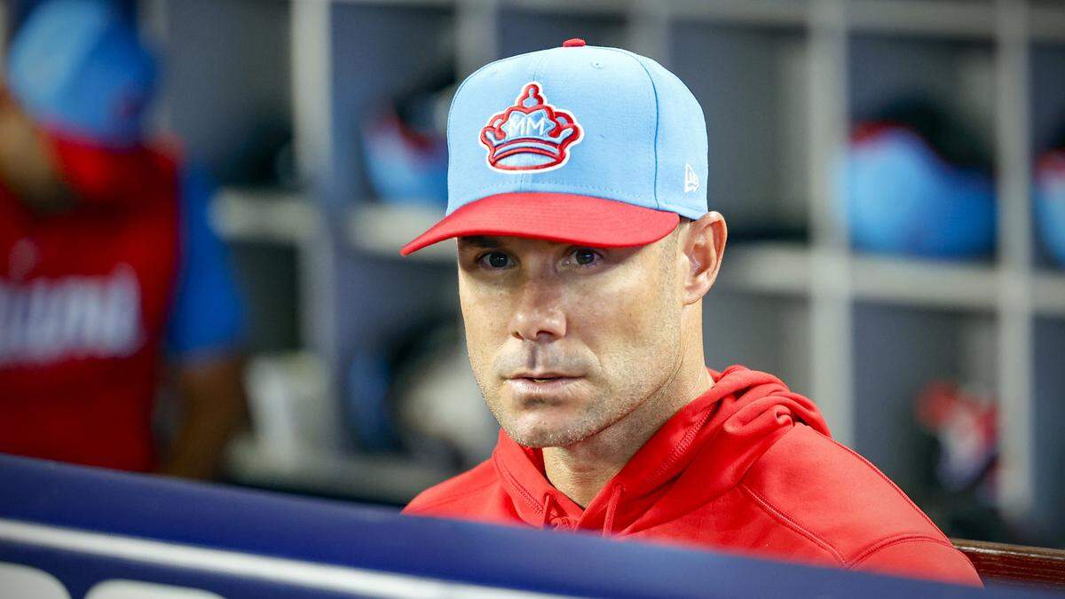 Miami Marlins manager Skip Schumaker watches the action on the field during the baseball game against the Colorado Rockies at loanDepot park on Saturday, July 22, 2023.