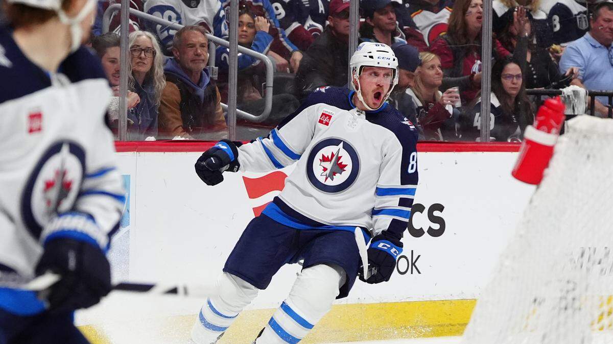 Apr 28, 2024; Denver, Colorado, USA; Winnipeg Jets defenseman Nate Schmidt (88) celebrates his goal during the first period against the Colorado Avalanche in game four of the first round of the 2024 Stanley Cup Playoffs at Ball Arena.