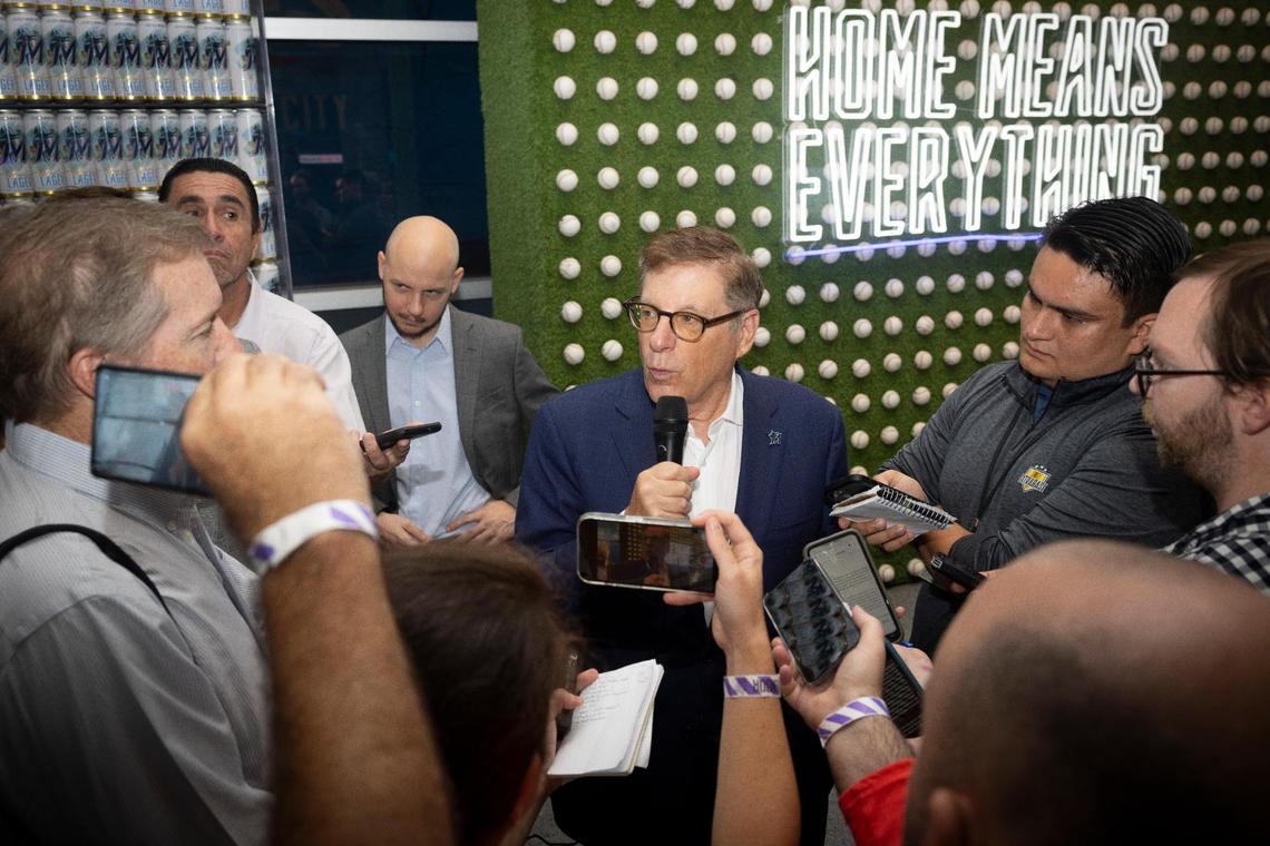 Bruce Sherman, chairman and principal owner, talks to the press during the Miami Marlins introductory press conference for the new President of Baseball Operations, Peter Bendix, on Monday, Nov. 13, 2023, at loanDepot Park in Miami, Fla.