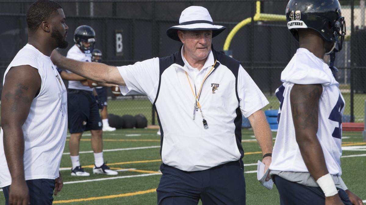 FIU coach Butch Davis during the team’s first practice of the 2018 season at FIU’s on-campus practice field Friday, August 3, 2018.