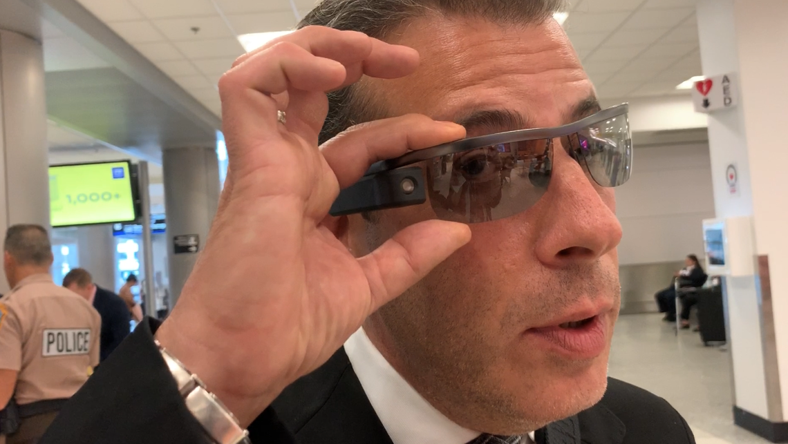 R. David New, the founder of South Beach Jazz Festival and an Aira “traveler,” demonstrated how the app works with his wireless camera-equipped glasses during a press conference Friday morning at Miami International Airport.