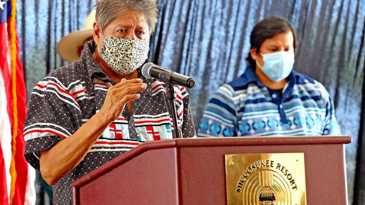 Miccosukee Tribe Chairman Billy Cypress talks to the media about the opening of the Miccosukee Bingo and Gaming on Tamiami Trail and safety measures in place, May 20, 2020.