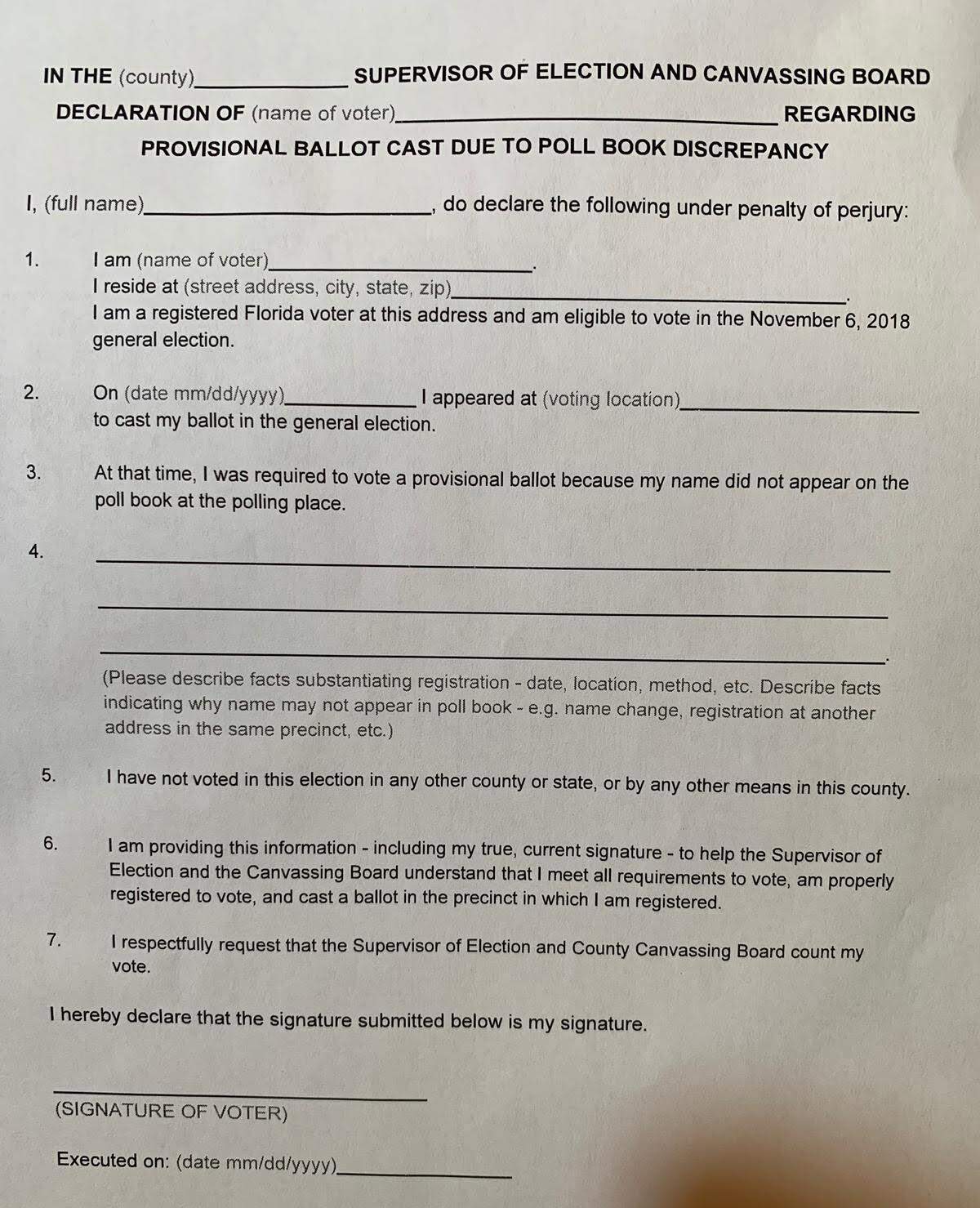 A copy of a letter you can fill out to try and prove your eligibility to have your provisional ballot counted.