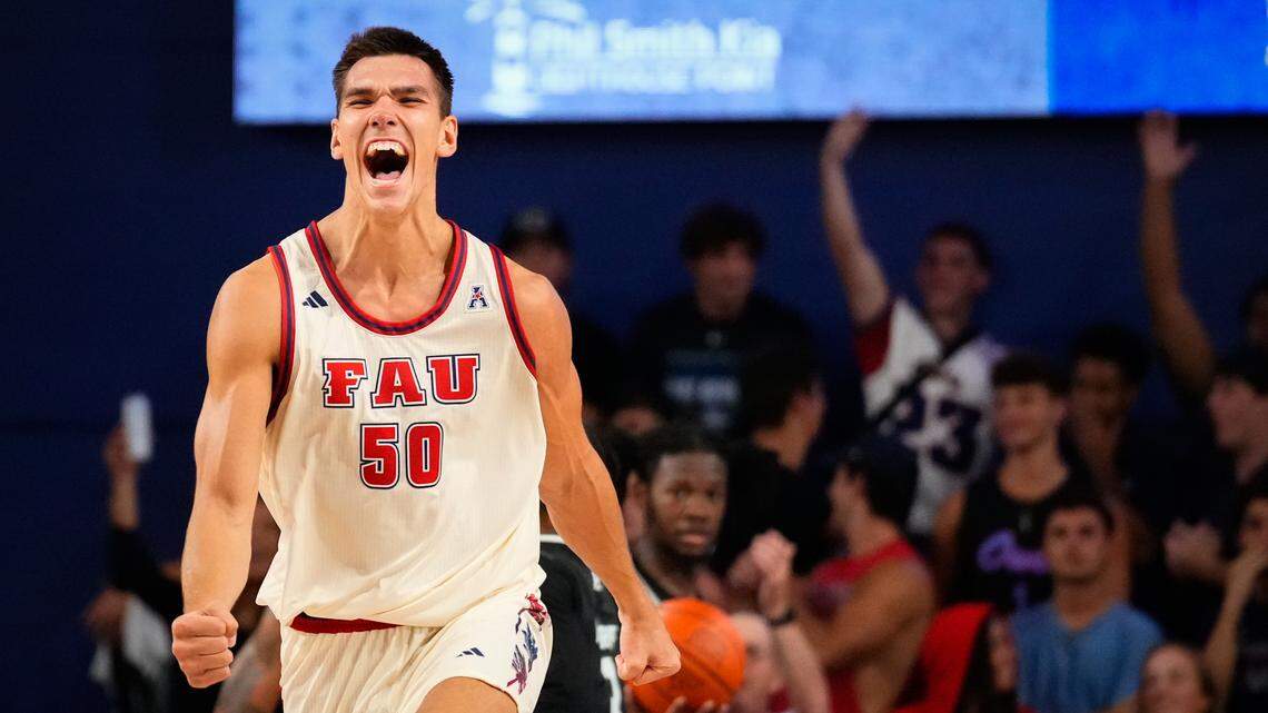 Florida Atlantic Owls center Vladislav Goldin (50) celebrates scoring against the Eastern Michigan Eagles during the second half at Eleanor R. Baldwin Arena.