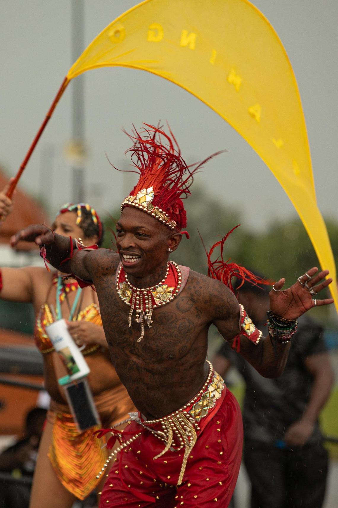 A performer dances during Miami Carnival at the Miami Dade County Fair Expo in Miami, Florida on Sunday, October 9, 2022.