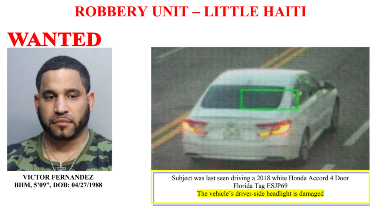 A Miami police officer suffered a head injury after trying to stop wanted alleged robber Victor Fernandez, police said. Fernandez is still on the loose.